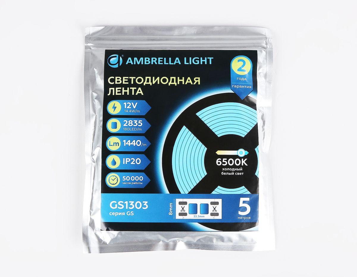 фото светодиодная лента холодный белый ambrella light 14,4w/m 180led/m 2835smd 6500к 5m gs1303 | 220svet.ru