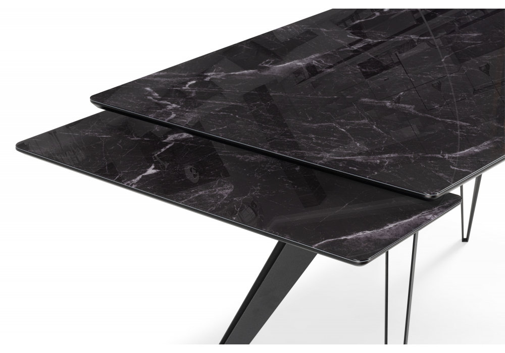 фото стол стеклянный рнаскладной 140(200)х80  woodville дарвин черный мрамор / черный 625983 | 220svet.ru